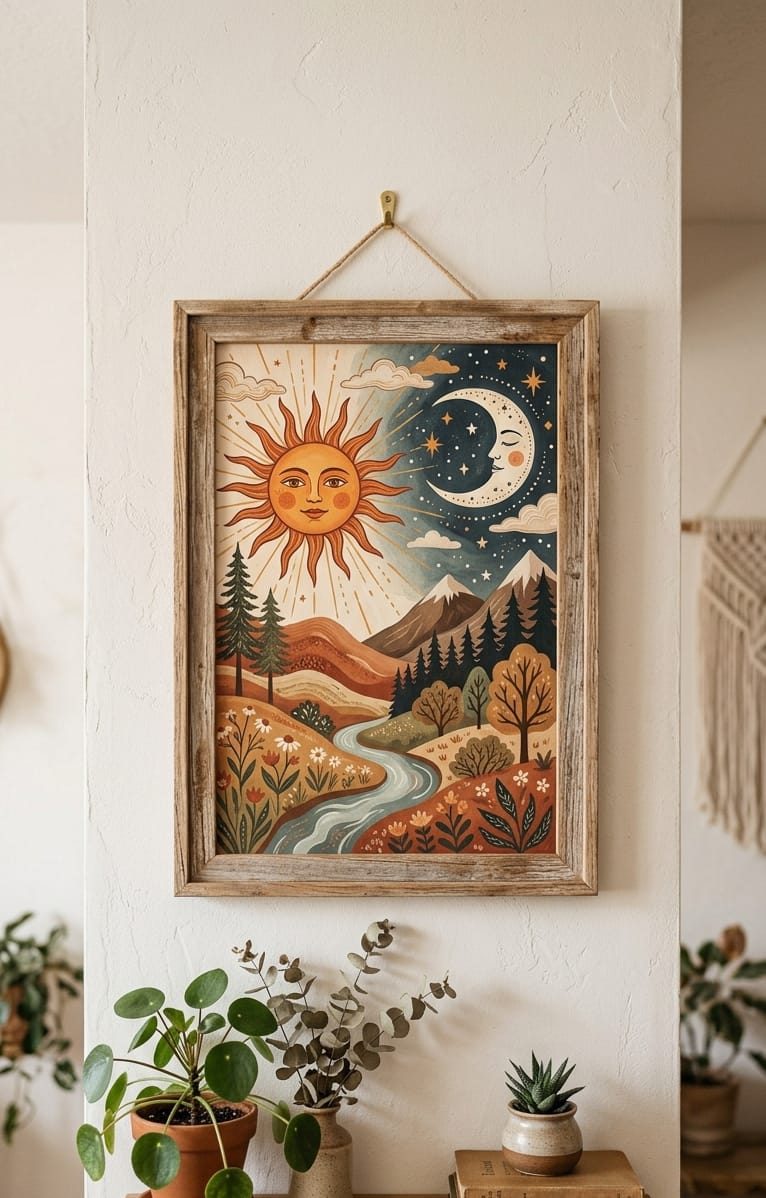 Minimalist Boho Sun & Moon Wooden Wall Art Frame